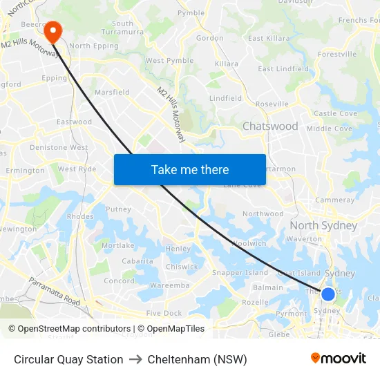 Circular Quay Station to Cheltenham (NSW) map