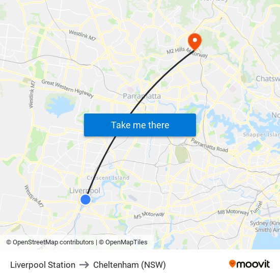 Liverpool Station to Cheltenham (NSW) map