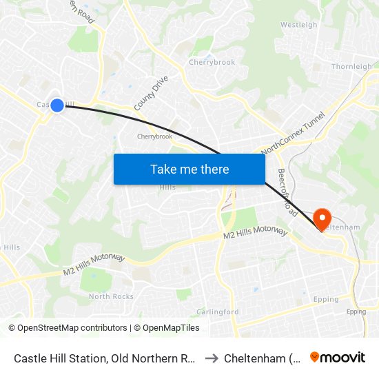 Castle Hill Station, Old Northern Rd, Stand A to Cheltenham (NSW) map