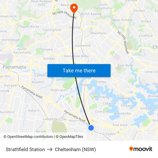 Strathfield Station to Cheltenham (NSW) map