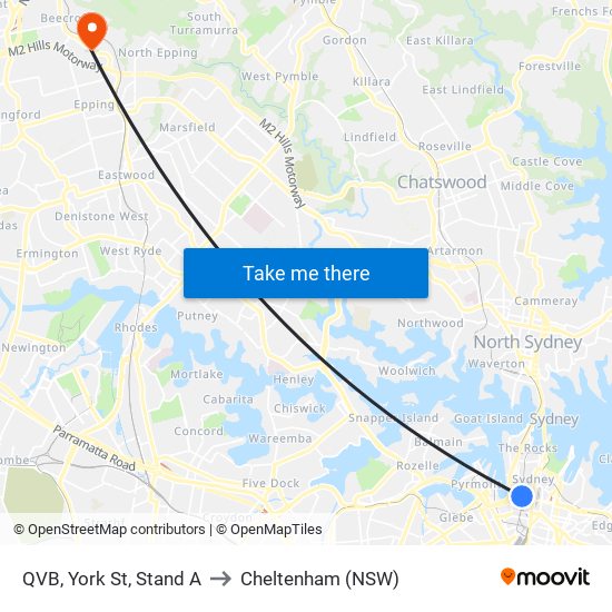 QVB, York St, Stand A to Cheltenham (NSW) map