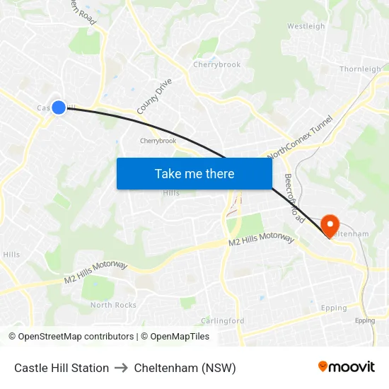 Castle Hill Station to Cheltenham (NSW) map