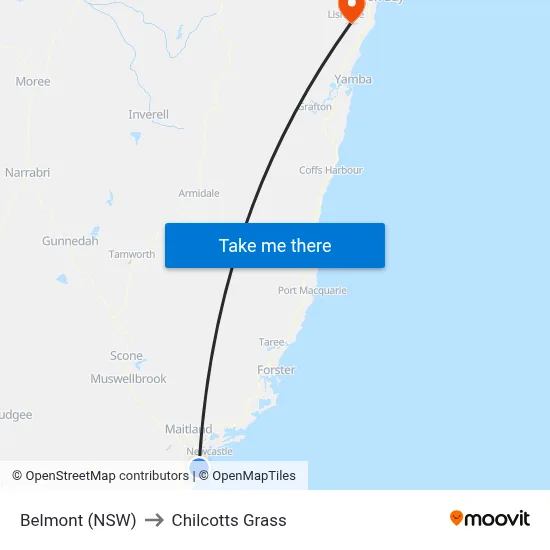 Belmont (NSW) to Chilcotts Grass map