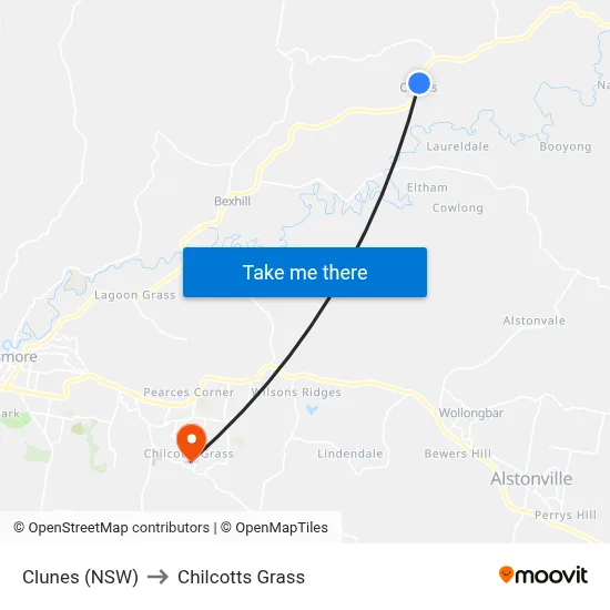 Clunes (NSW) to Chilcotts Grass map