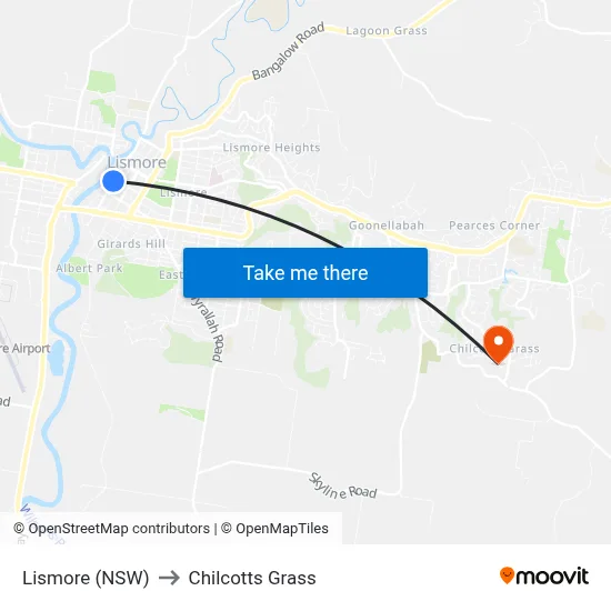 Lismore (NSW) to Chilcotts Grass map