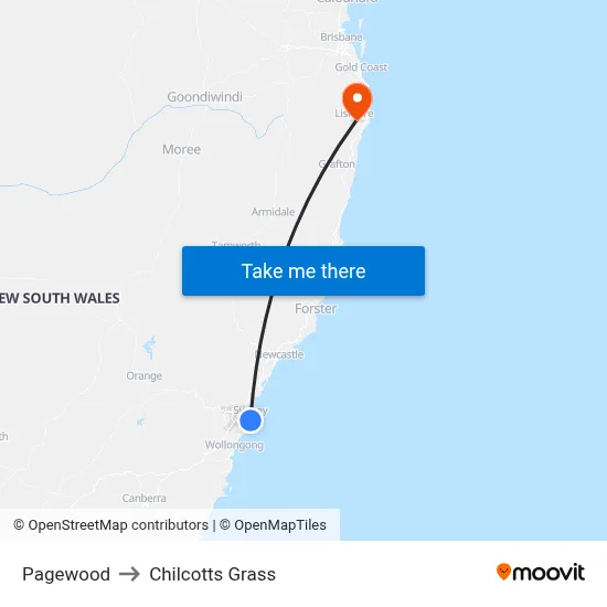 Pagewood to Chilcotts Grass map