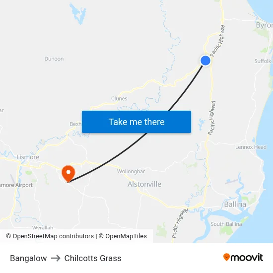 Bangalow to Chilcotts Grass map