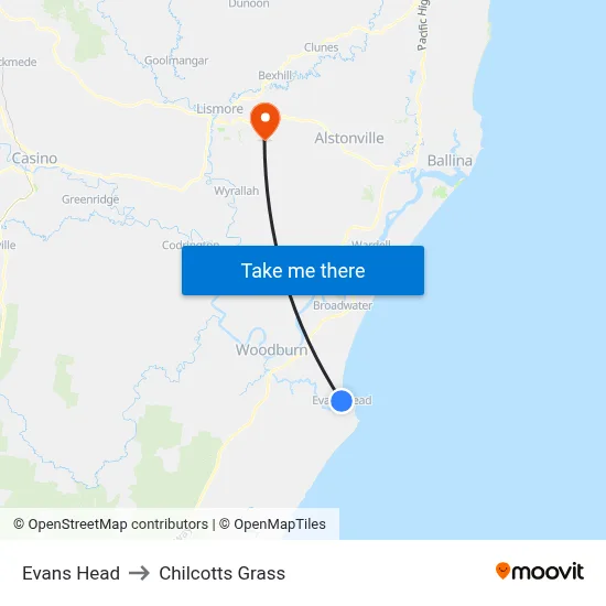 Evans Head to Chilcotts Grass map