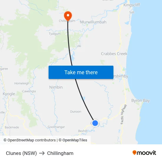 Clunes (NSW) to Chillingham map