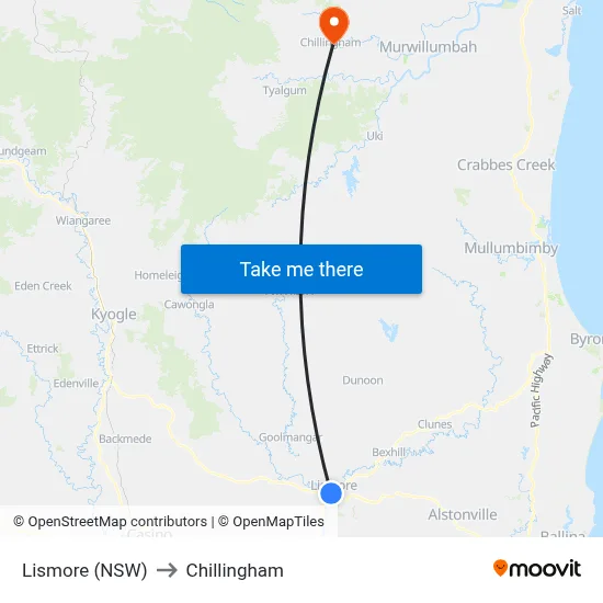 Lismore (NSW) to Chillingham map