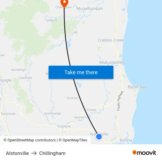 Alstonville to Chillingham map
