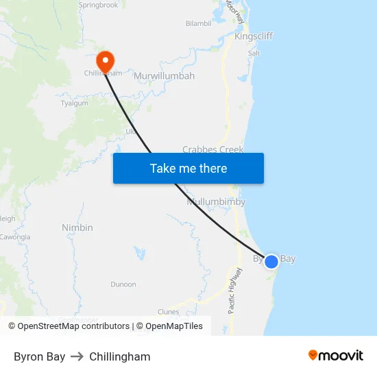 Byron Bay to Chillingham map
