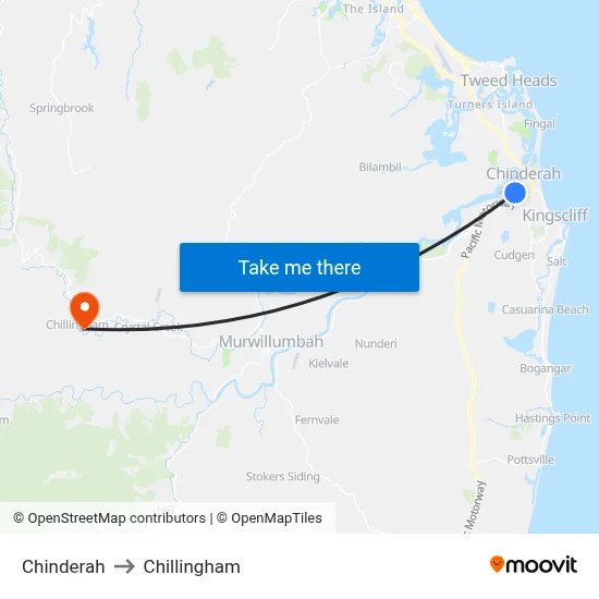 Chinderah to Chillingham map