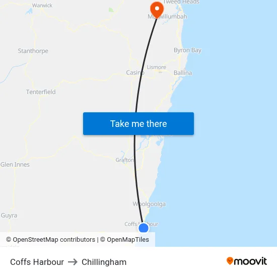 Coffs Harbour to Chillingham map