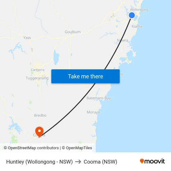 Huntley (Wollongong - NSW) to Cooma (NSW) map