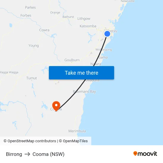Birrong to Cooma (NSW) map