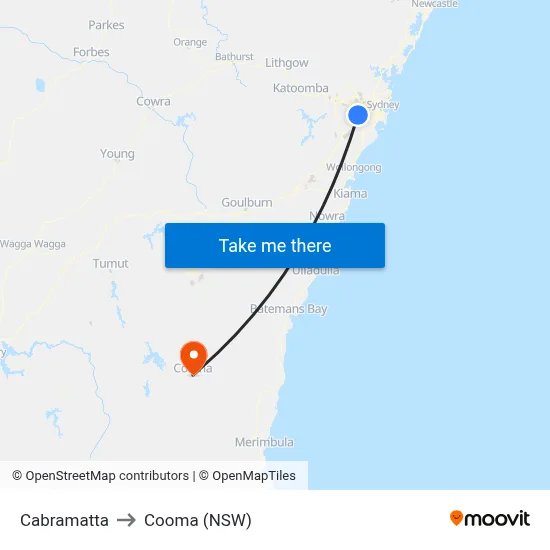 Cabramatta to Cooma (NSW) map