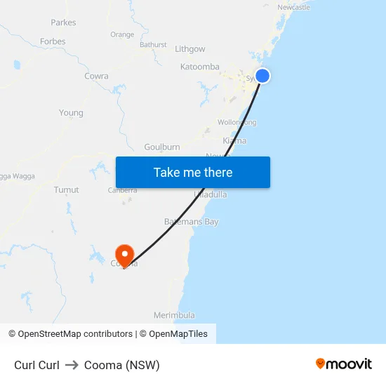 Curl Curl to Cooma (NSW) map