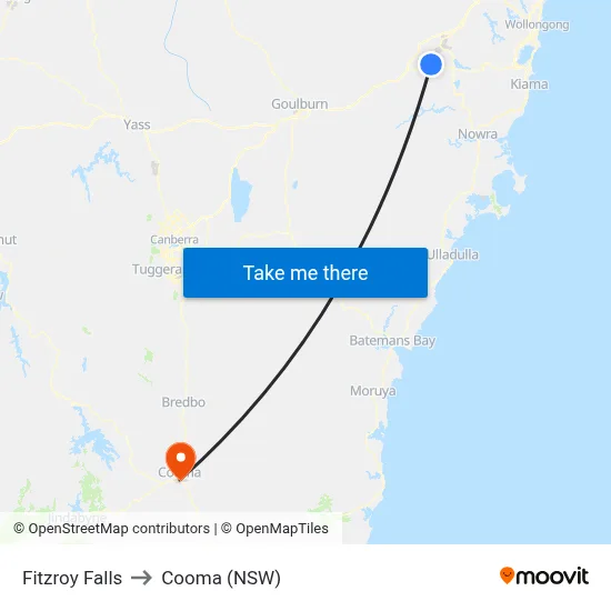 Fitzroy Falls to Cooma (NSW) map