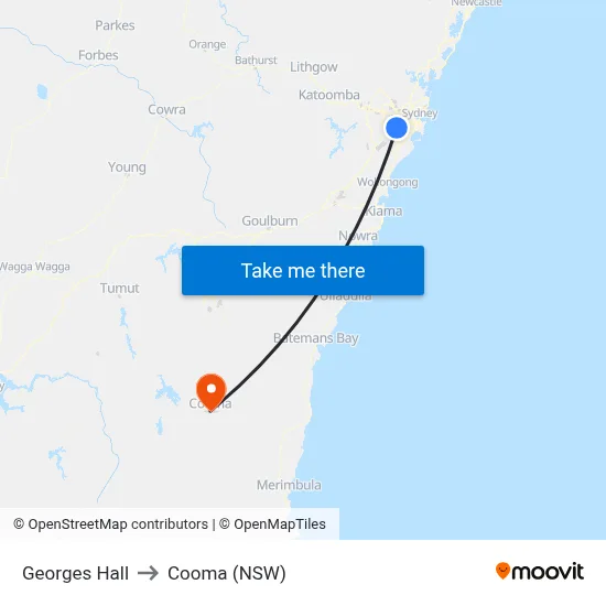 Georges Hall to Cooma (NSW) map