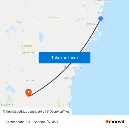 Gerringong to Cooma (NSW) map