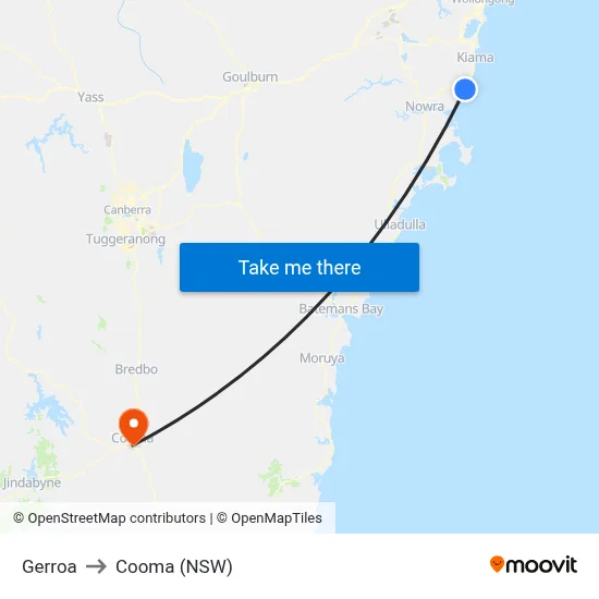 Gerroa to Cooma (NSW) map