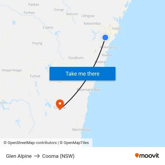 Glen Alpine to Cooma (NSW) map