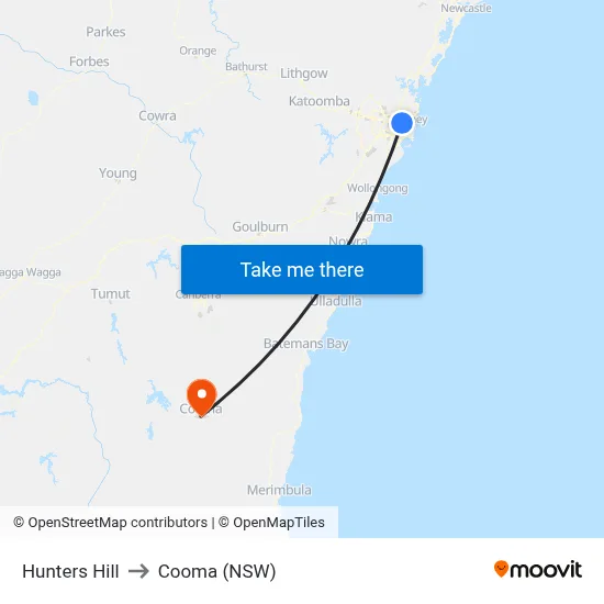 Hunters Hill to Cooma (NSW) map