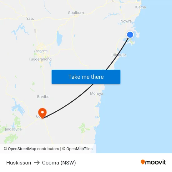 Huskisson to Cooma (NSW) map