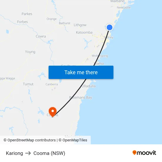 Kariong to Cooma (NSW) map