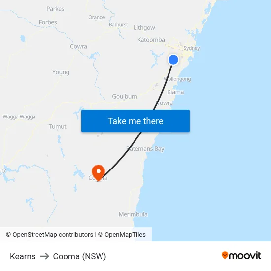 Kearns to Cooma (NSW) map