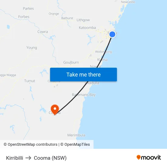 Kirribilli to Cooma (NSW) map