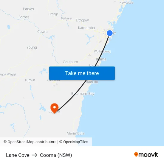 Lane Cove to Cooma (NSW) map