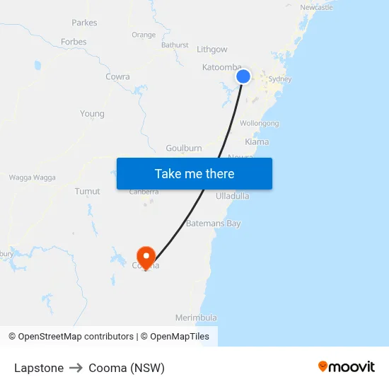 Lapstone to Cooma (NSW) map