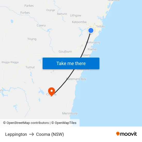 Leppington to Cooma (NSW) map