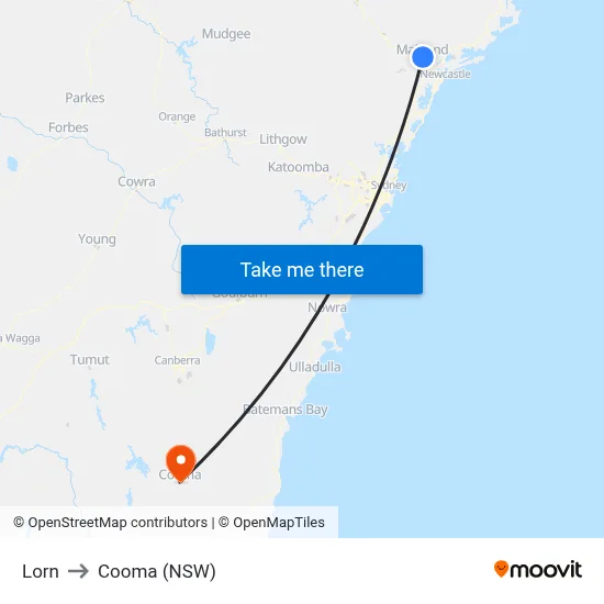 Lorn to Cooma (NSW) map