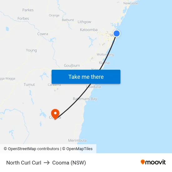 North Curl Curl to Cooma (NSW) map
