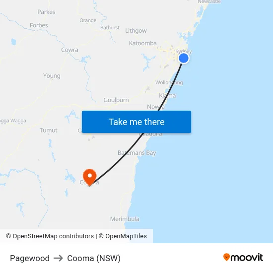 Pagewood to Cooma (NSW) map