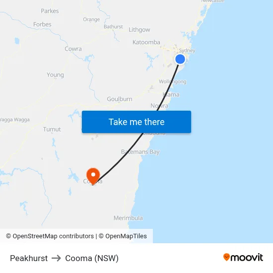 Peakhurst to Cooma (NSW) map