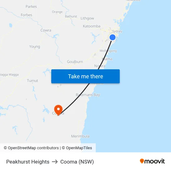 Peakhurst Heights to Cooma (NSW) map