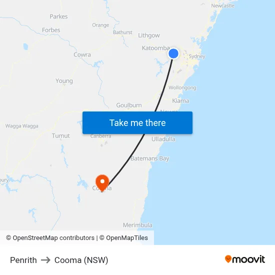 Penrith to Cooma (NSW) map