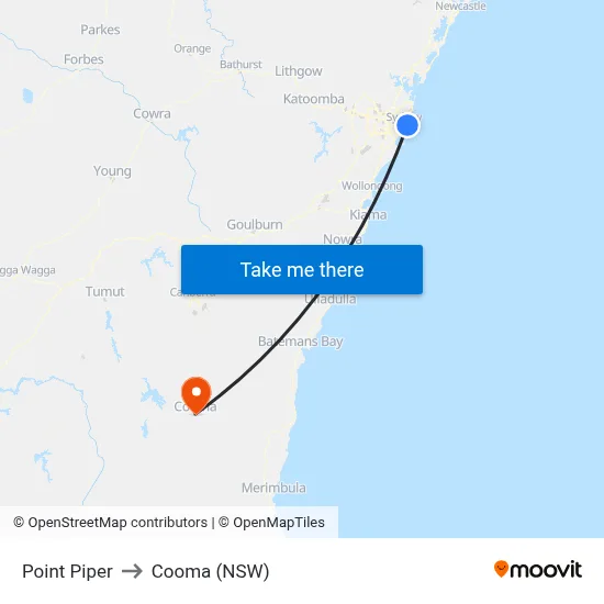 Point Piper to Cooma (NSW) map