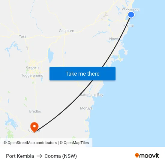 Port Kembla to Cooma (NSW) map