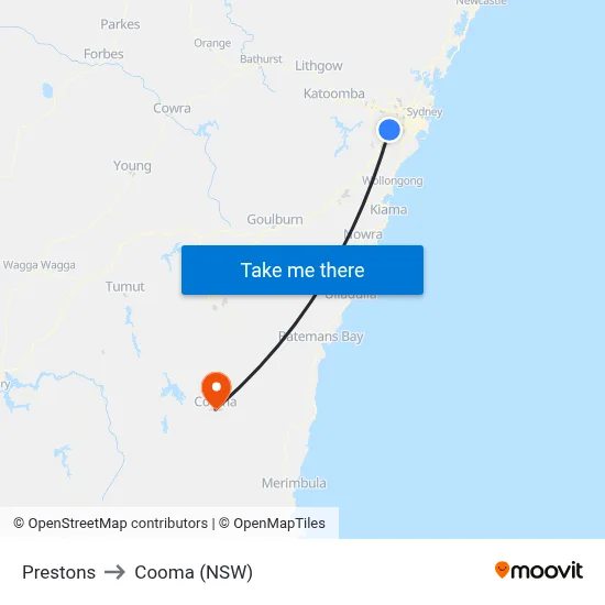 Prestons to Cooma (NSW) map