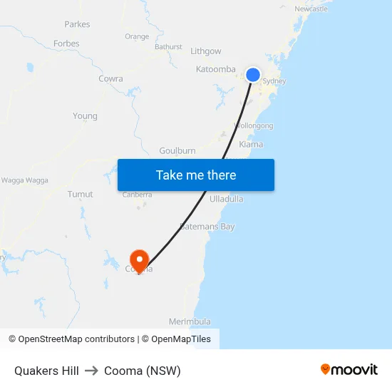 Quakers Hill to Cooma (NSW) map
