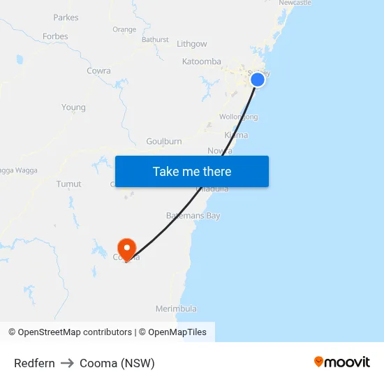 Redfern to Cooma (NSW) map