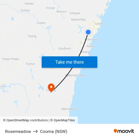 Rosemeadow to Cooma (NSW) map