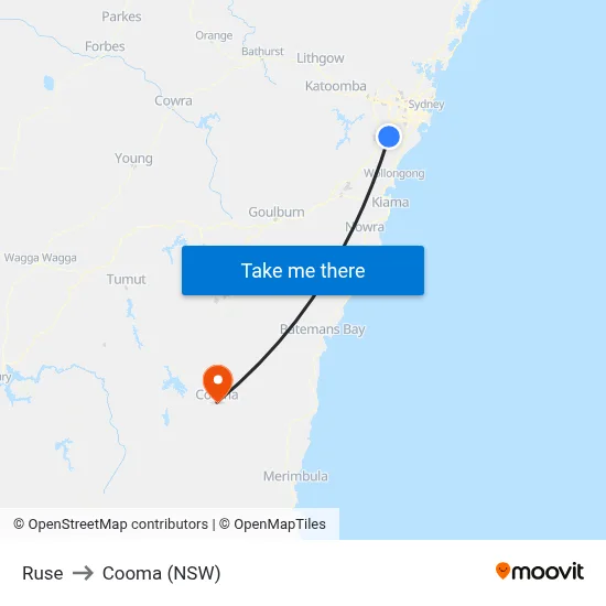 Ruse to Cooma (NSW) map