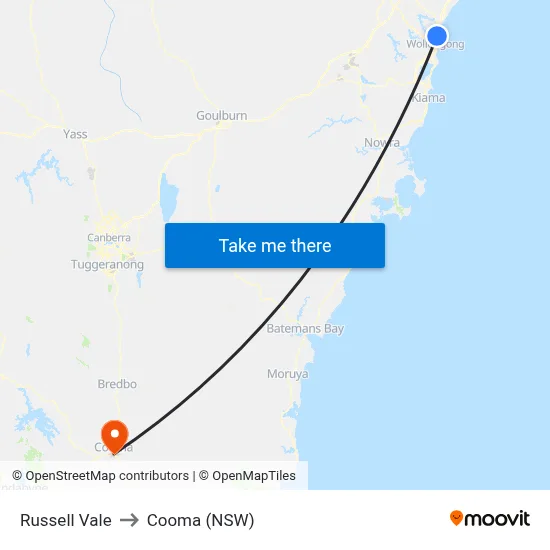Russell Vale to Cooma (NSW) map