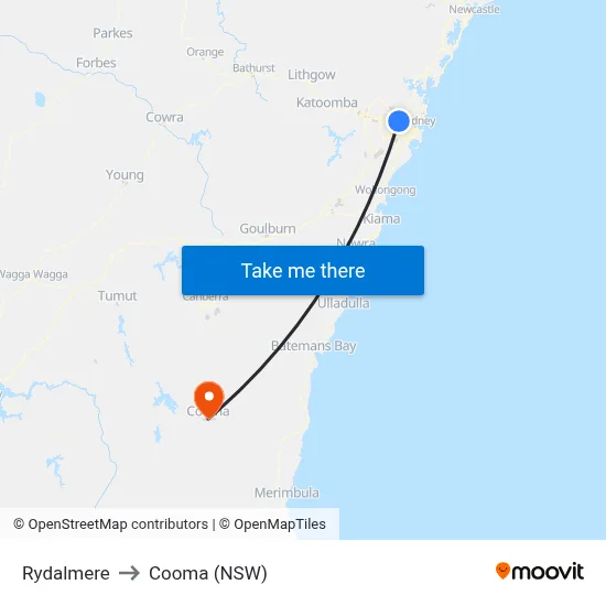 Rydalmere to Cooma (NSW) map